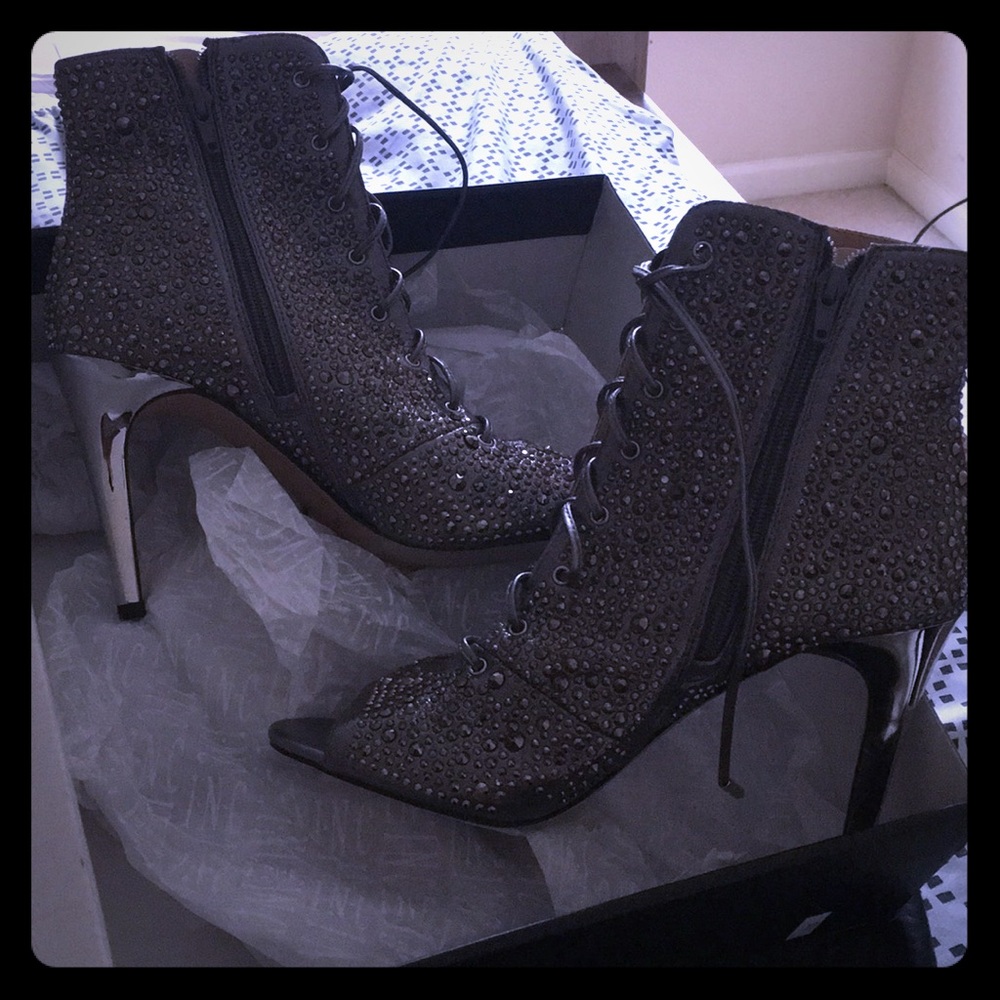 Sparkly INC peep toe booties in pewter. Brand new!